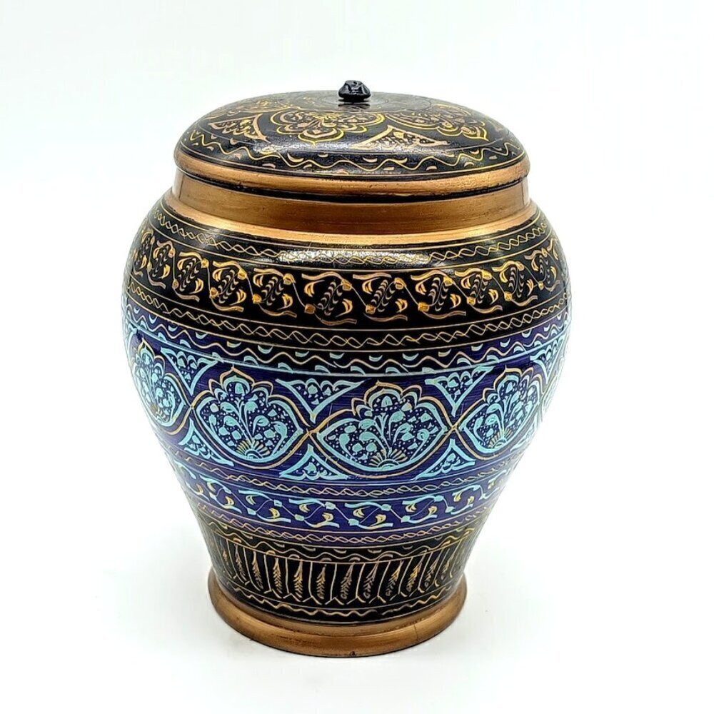 Handcrafted Blue Brown Rosewood Covered Jar Urn